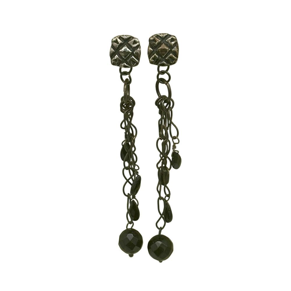 Vintage MOB 925 Mexico Long Dangling Chandelier Earrings With Black Beads - Picture 2 of 9